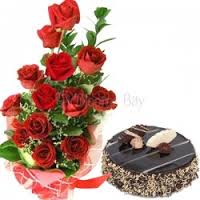 12 fresh rad roses 500g chocalate trufflu  cake